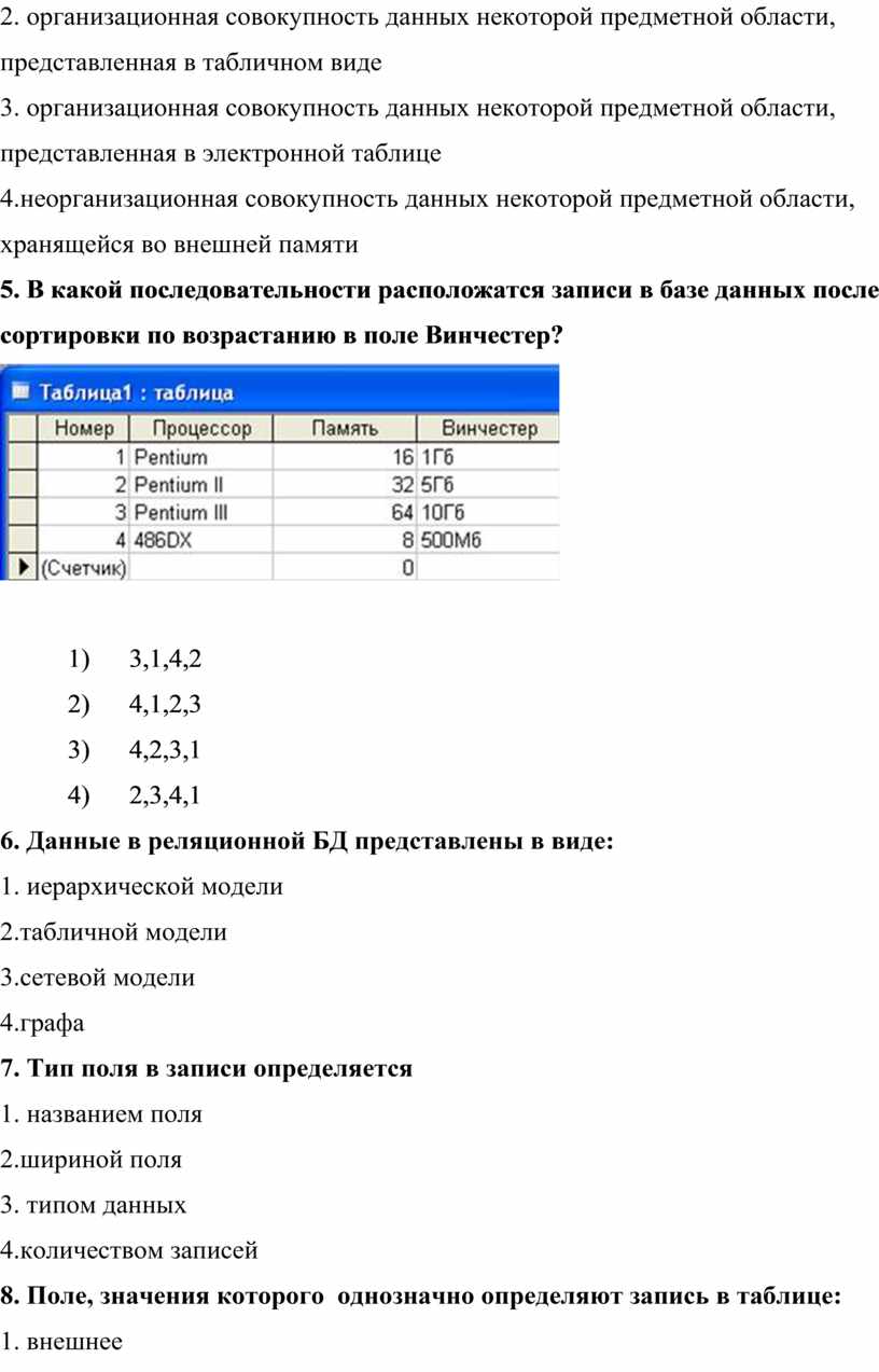 Какую строку будет занимать запись 486dx после проведения сортировки по возрастанию в поле винчестер