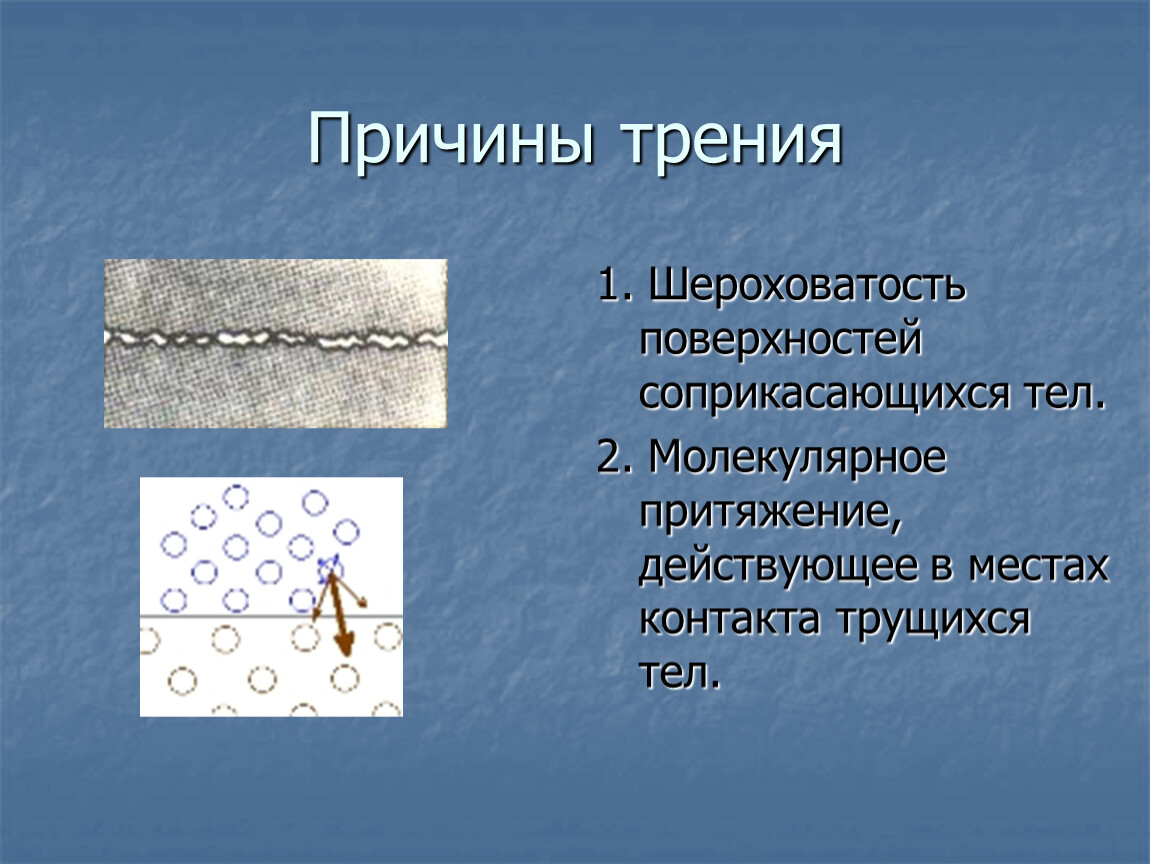 Трения 1. Шероховатость поверхностей соприкасающихся тел. Причины трения. Поверхности трения. Трение поверхностей.