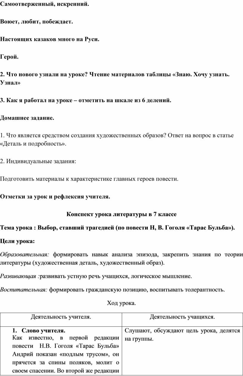 Урок литературы в 7 классе на тему 