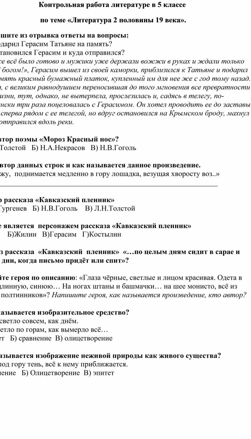 Контрольная работа по литературе по теме 