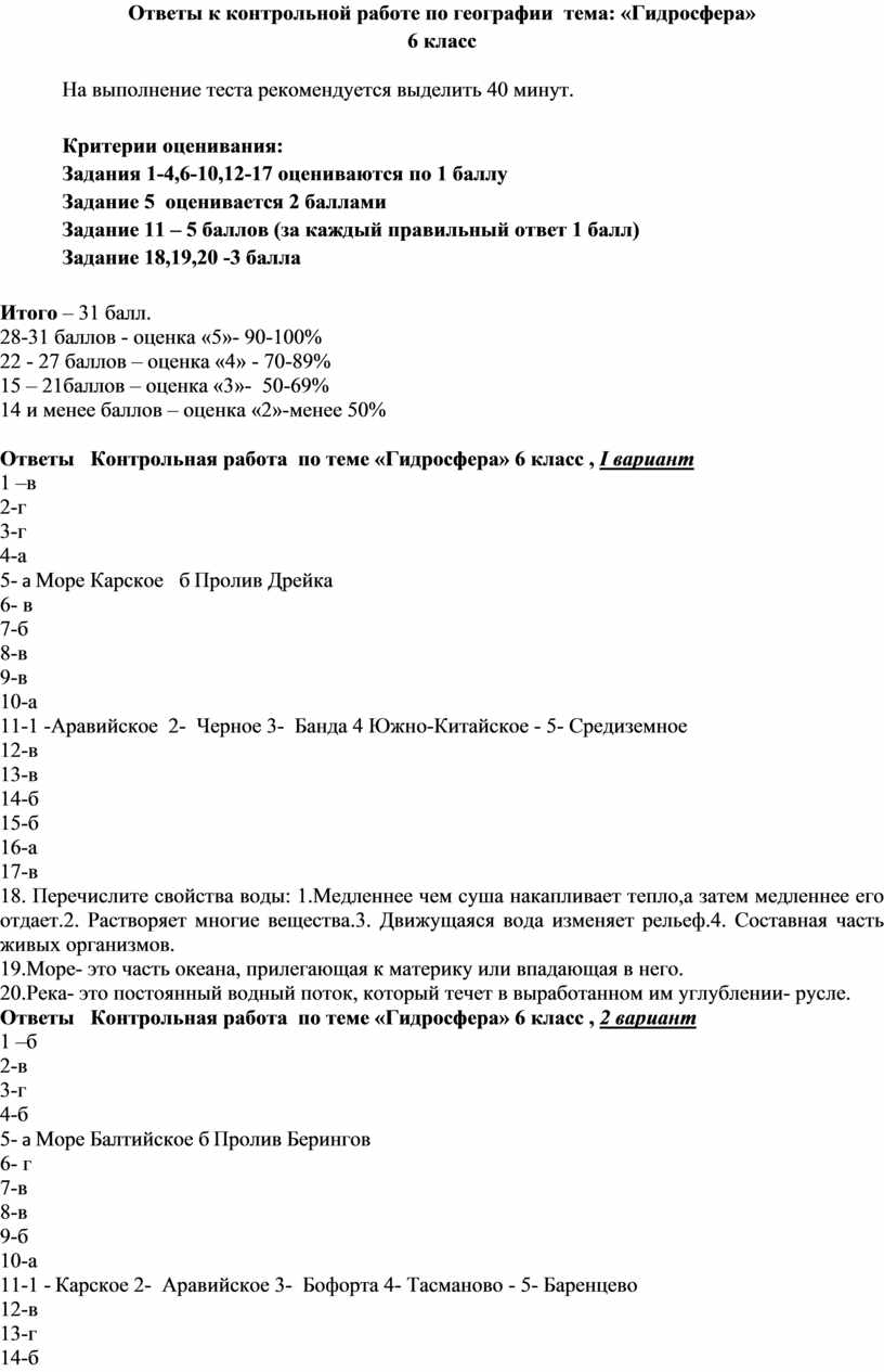 Контрольная работа для 6 класса по теме: Гидросфера ( ответы)