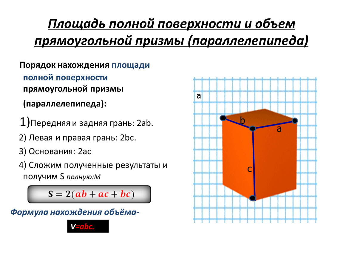 Площадь диагонального сечения прямоугольного параллелепипеда. Площадь полной поверхности прямоугольной Призмы. Площадь поверхности прямоугольной Призмы формула. Площадь поверхности Призмы и параллелепипеда. Площадь поверхности прямой Призмы формула.