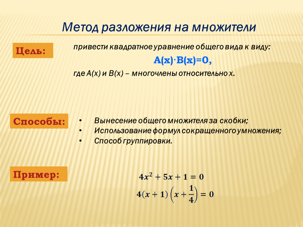 Способы разложения на множители. Метод разложения на множители. Решение квадратных уравнений методом разложения на множители. Метод разложения на множители уравнений.