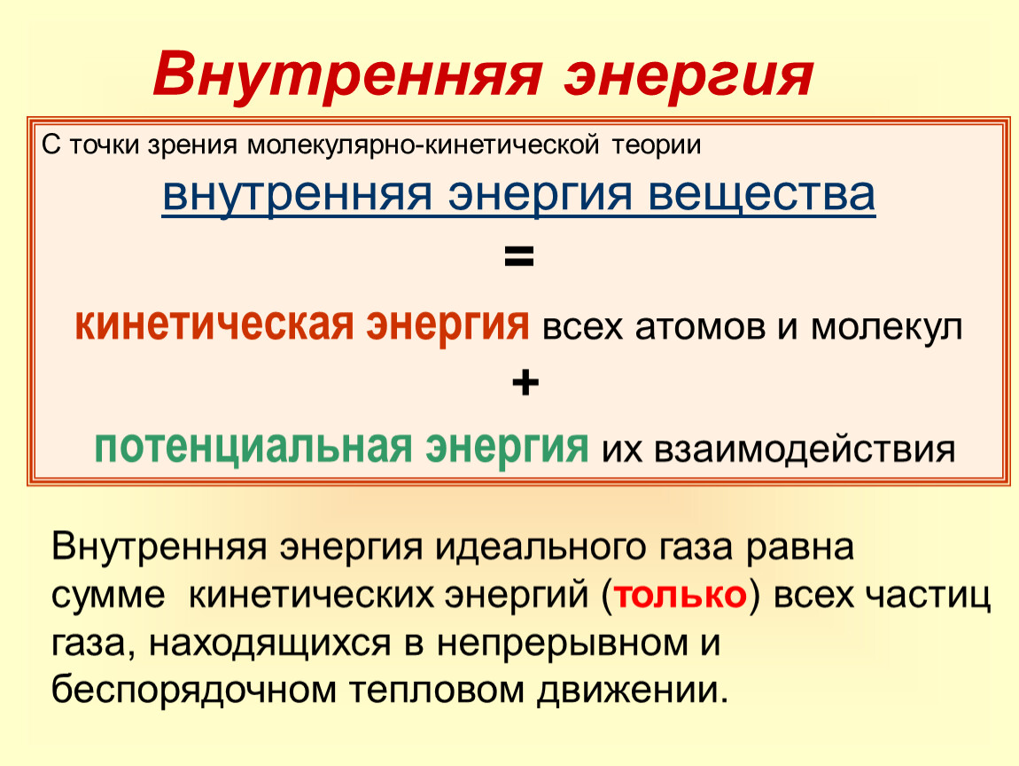 С точки зрения мкт. Внутренняя энергия в молекулярно-кинетической теории. Внутренняя энергия с точки зрения молекулярно-кинетической теории. Кинетическая энергия в термодинамике. Кинетическая и потенциальная энергия в термодинамике.