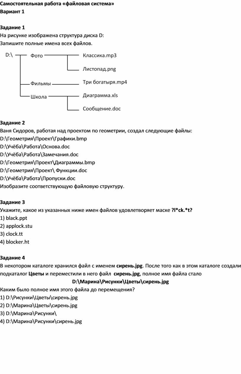 Файловая система самостоятельная работа 10 класс