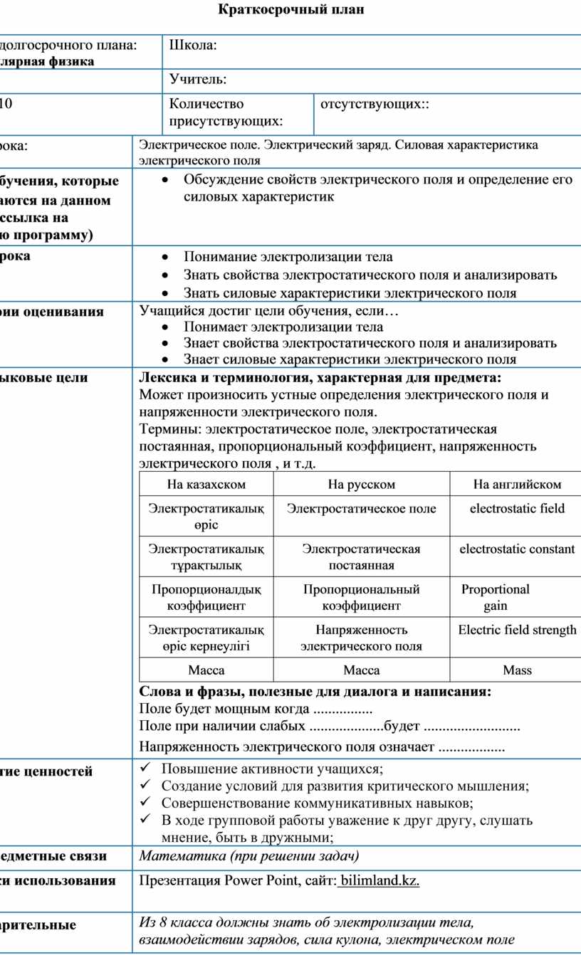 Краткосрочный план Раздел долгосрочного плана :