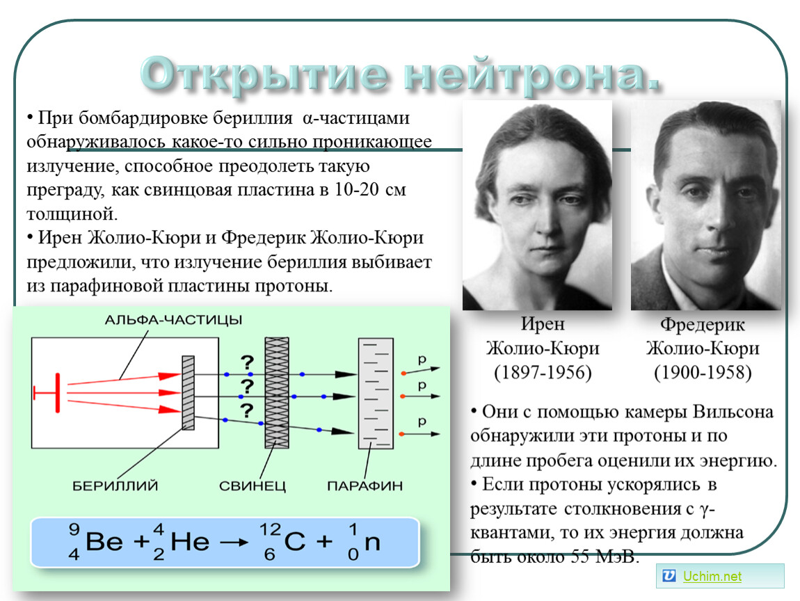 Открытие нейтрона было сделано при. Открытие нейтрона Чэдвик Кюри. Открытие нейтрона кратко 1935. Бомбардировка бериллия Альфа частицами. Реакция открытия нейтрона.