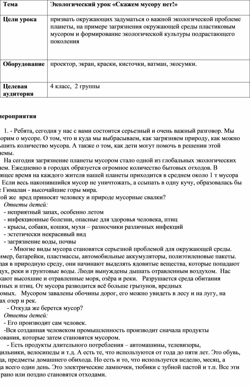 Тема Экологический урок «Скажем мусору нет!»