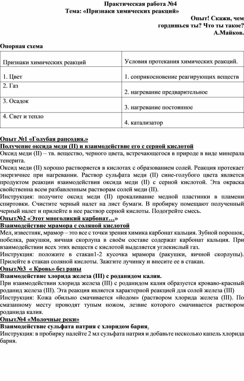 Практическая работа №4 Тема: «Признаки химических реакций»