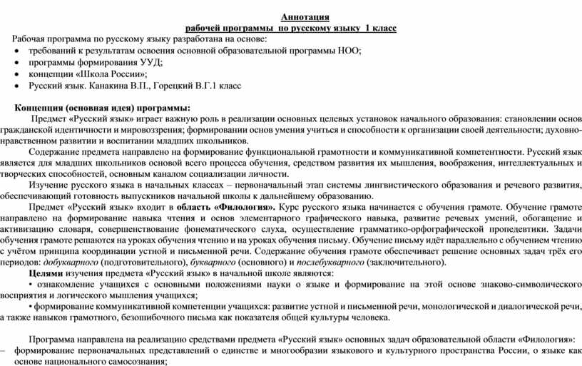 Аннотация рабочей программы по русскому языку 1 класс