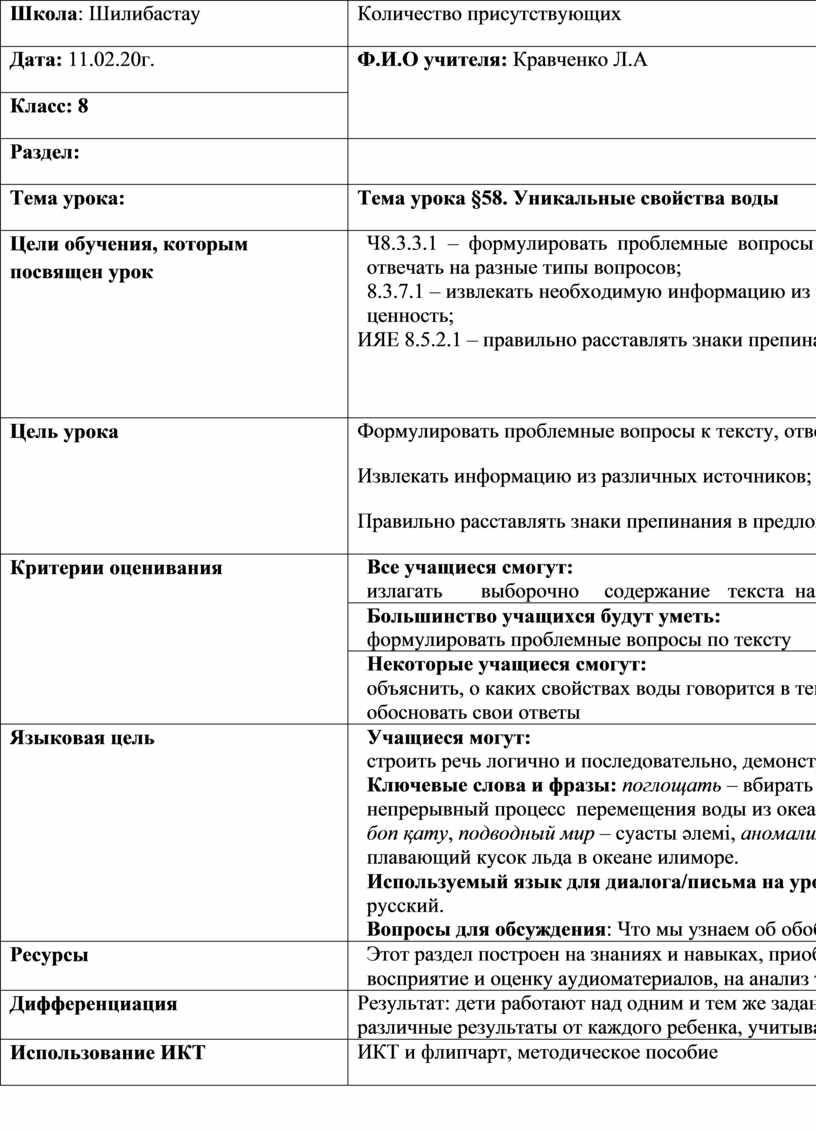 Поурочное планирование урока в 8 классе на тему: 