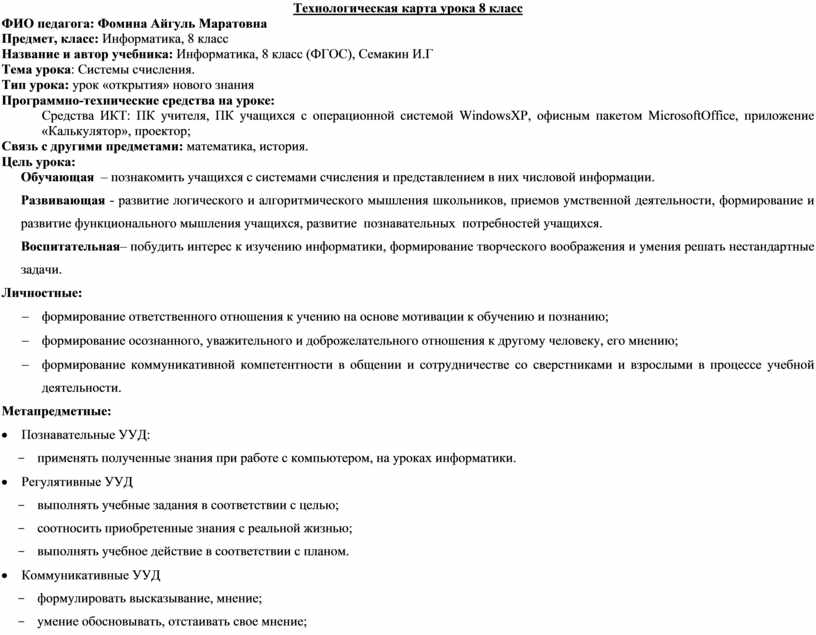 Технологическая карта урока по фгос по информатике 8 класс