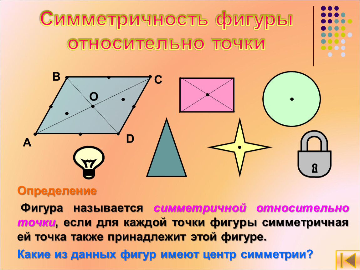 Центр симметрии прямой. Фигуры обладающие центром симметрии. Центрально симметричные фигуры. Фигуры симметричные относительно точки. Название симметричной фигуры.