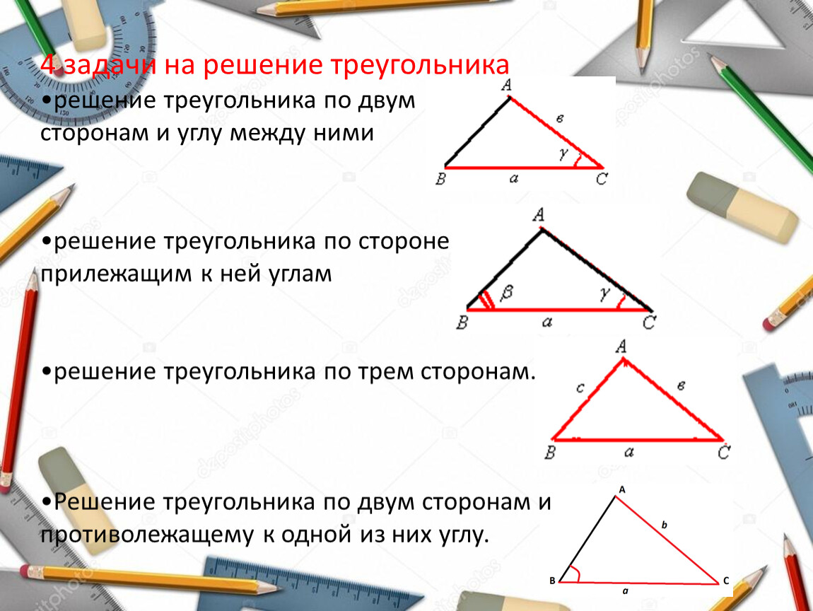 Алгоритм решения треугольников. Решение треугольника по стороне и двум углам. Решение треугольника по двум сторонам и углу между ними. Решение треугольника по стороне и двум прилежащим к ней углам. Решение треугольника по стороне и прилежащим к ней углам.