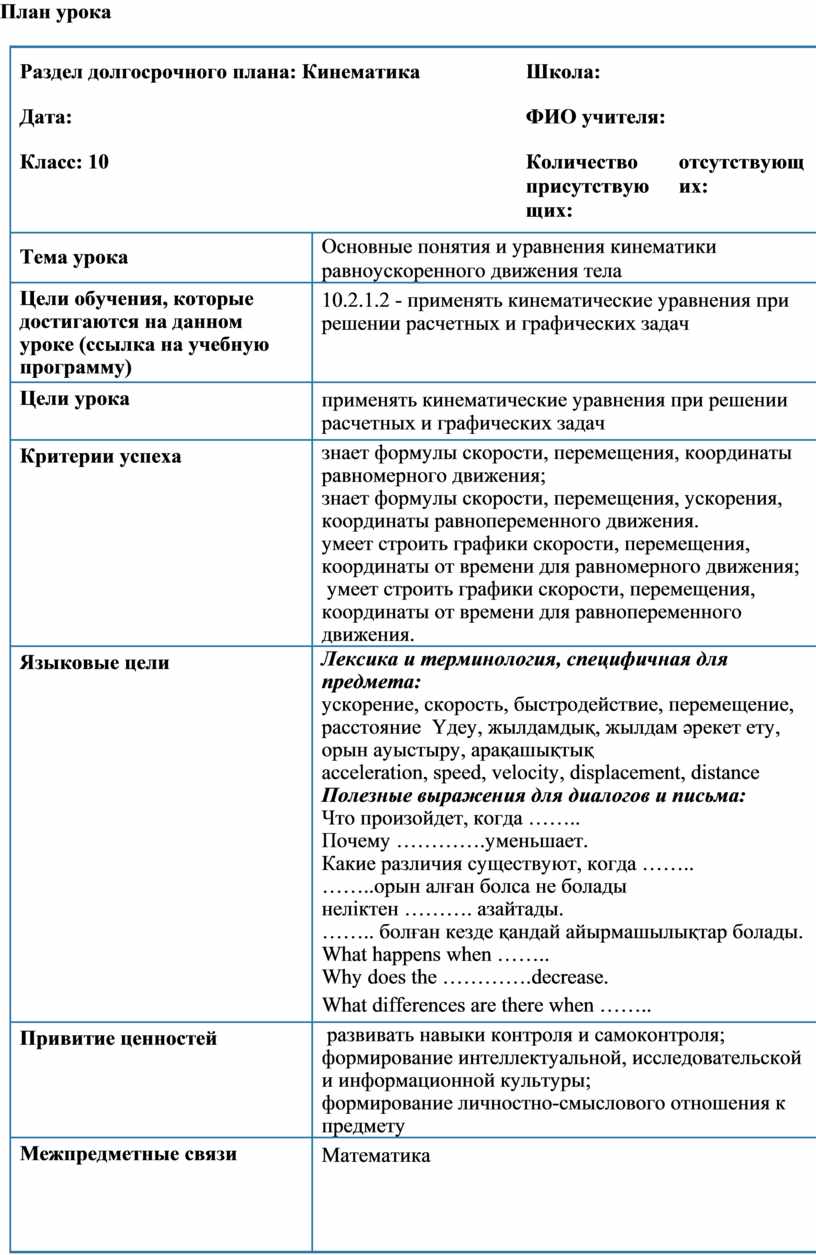 Физика 10 класс Кинематика Основные понятия Краткосрочный план