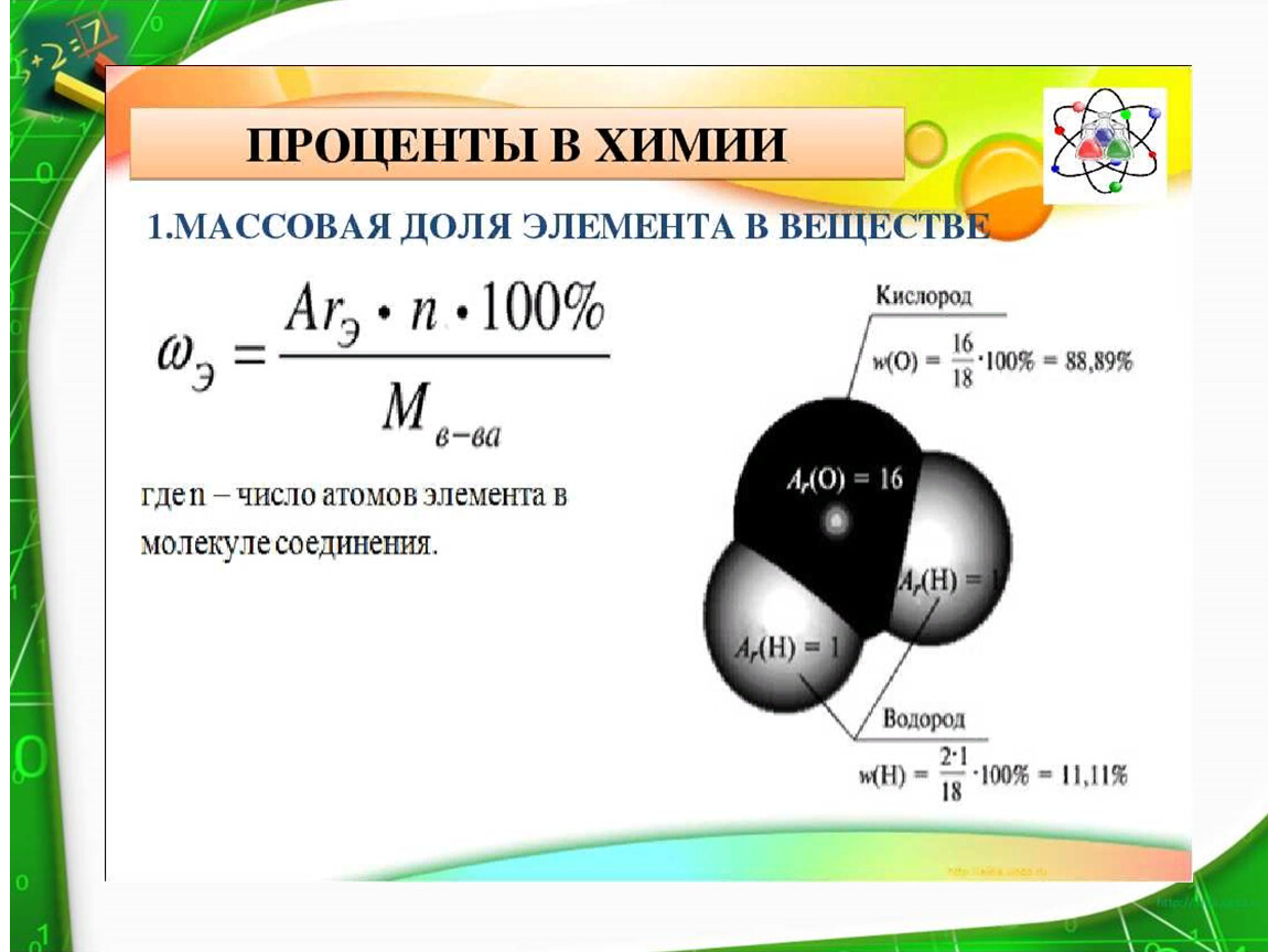 Формула массовой доли в сложном веществе. Формула расчета массовой доли элемента. Проценты в химии формулы. Формула процента вещества в химии. Процент вещества в химии.