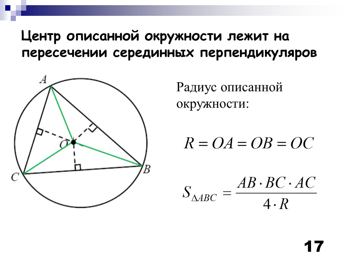 Центр окружности пересечение биссектрис. Точка пересечения описанной окружности. Центр описанной около треугольника окружности лежит. Центр окружности описанной около треугольника лежит в точке. Радиус описанной окружности точка пересечения.