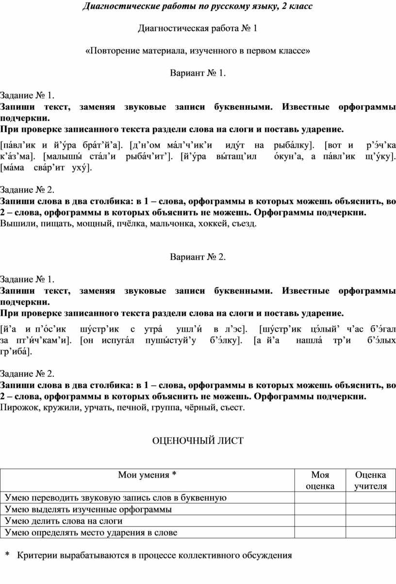 Диагностическая работа 2 класс