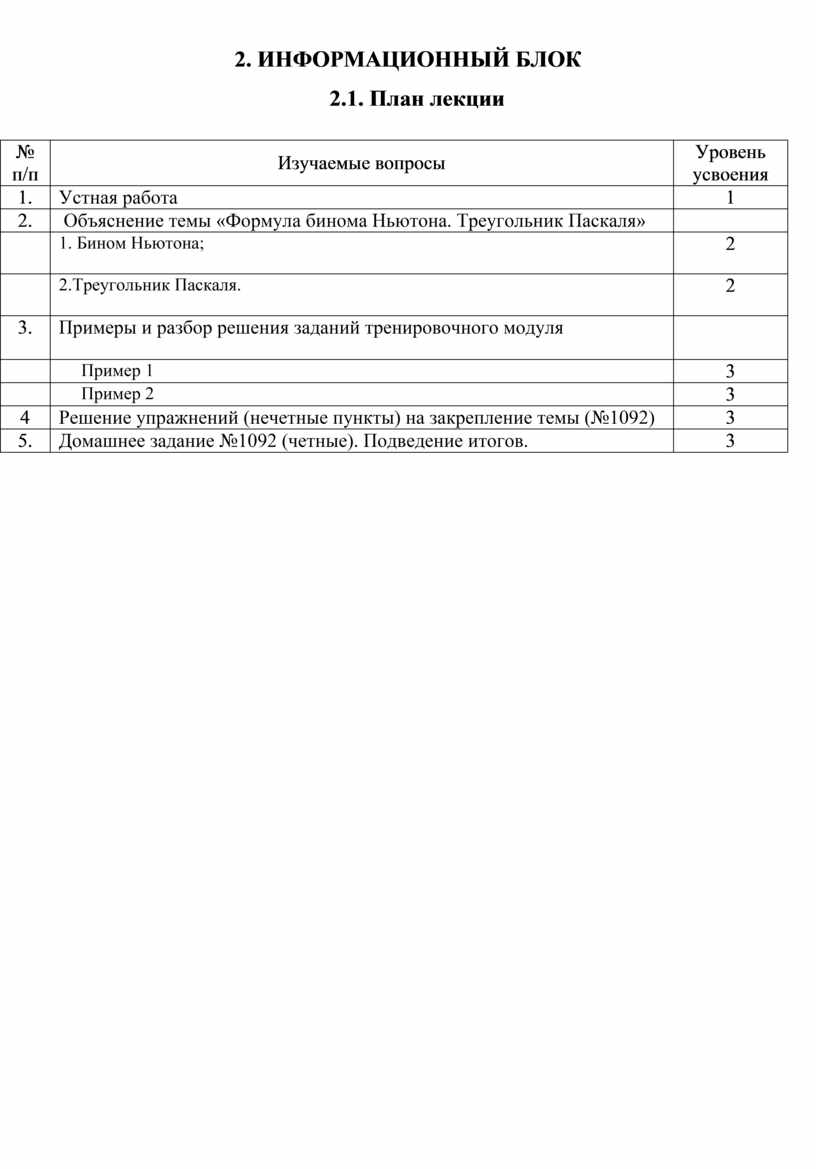 Формула бинома Ньютона. Треугольник Паскаля