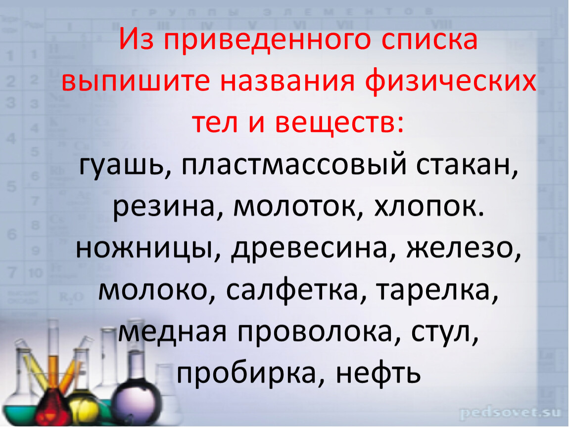 Из предложенного списка выпишите. Название физических веществ. Названия веществ и физических тел. Выписать вещества и физические тела. Выпишите из перечня названия веществ.