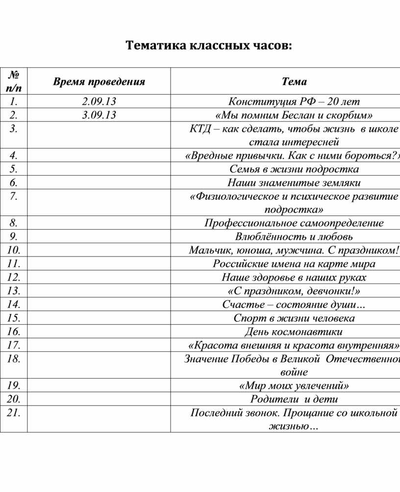 План классных часов 3 класс