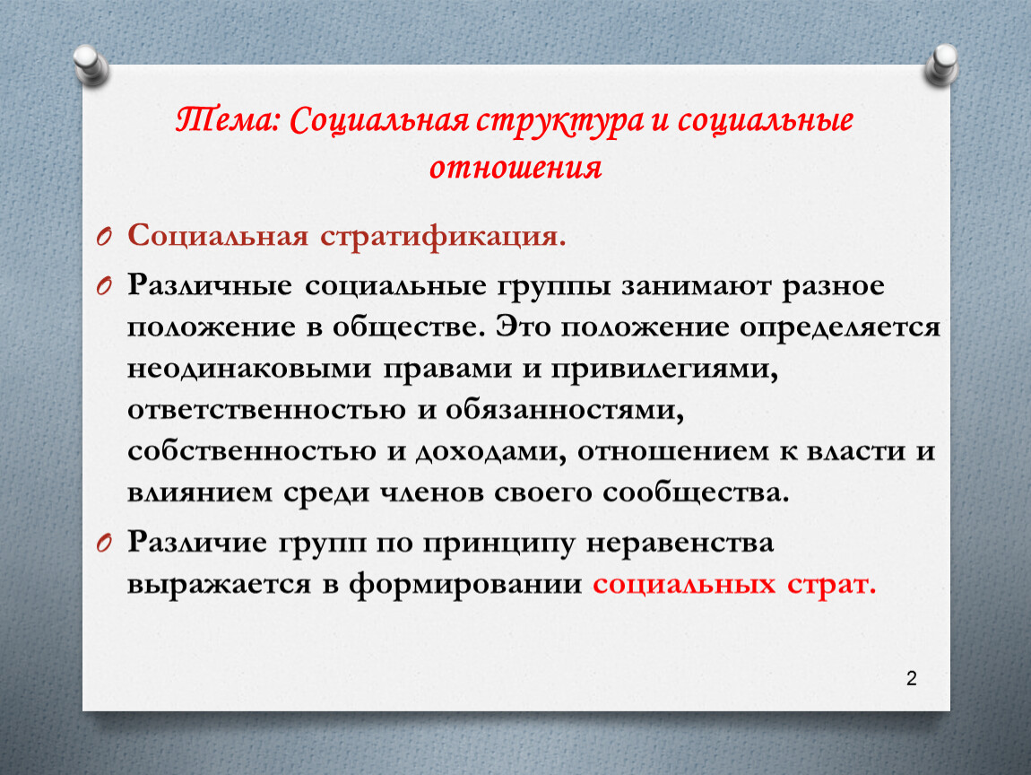 Различное положение в обществе. Структура социальных отношений.