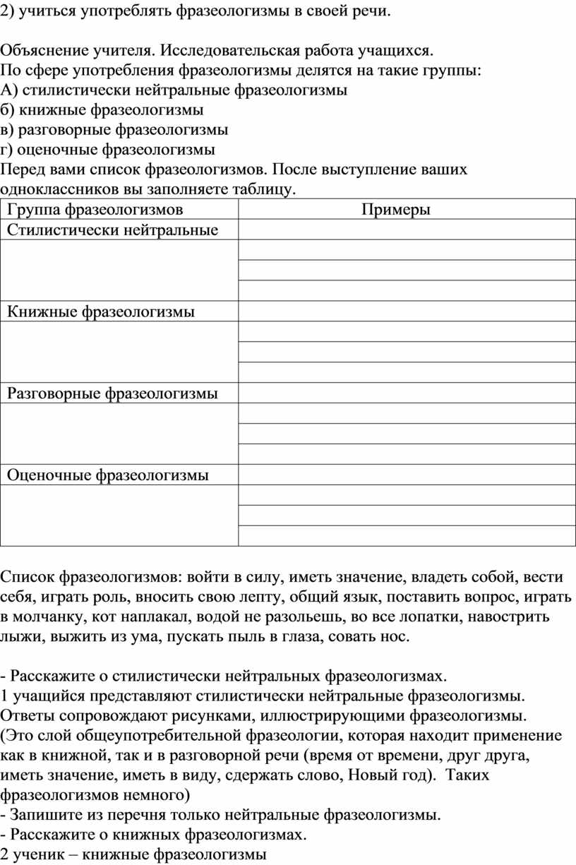 Использование фразеологизмов в речи. Стилистически нейтральные и окрашенные  фразеологизмы.