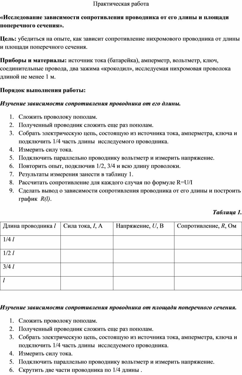 Практическая работа «Исследование зависимости сопротивления проводника .