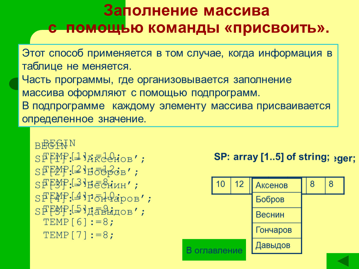 Как с помощью команды. Заполнение массива это в информатике. Заполнение массива с помощью присваивания. Что такое массив в информатике. Массивы по информатике.