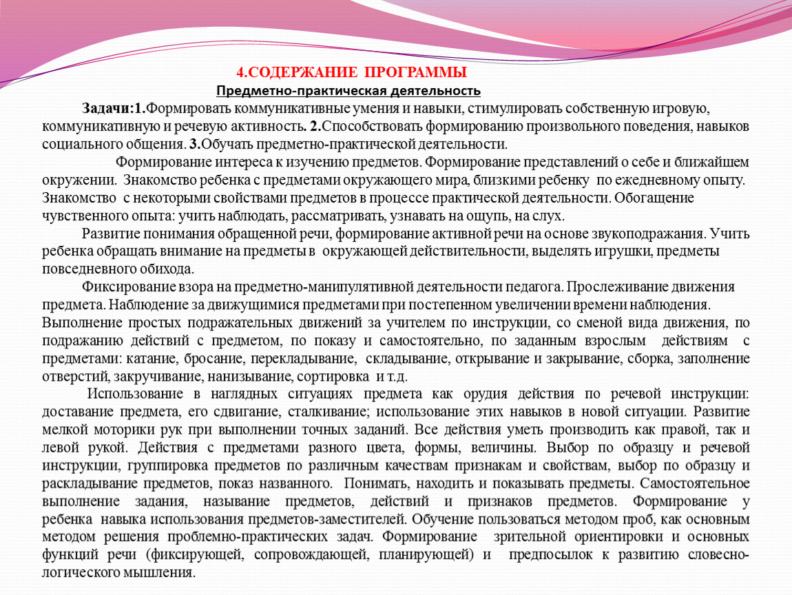 СОДЕРЖАНИЕ ПРОГРАММЫ Предметно-практическая деятельность