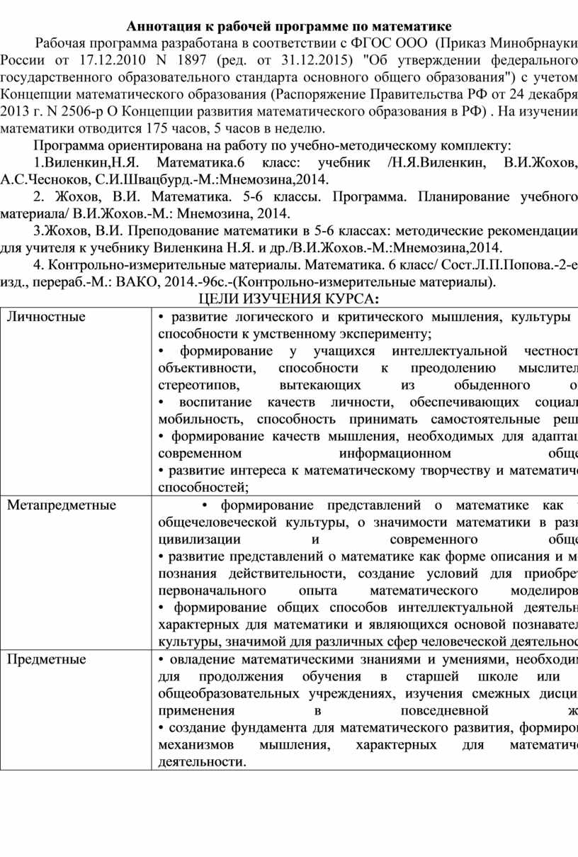 Образец аннотации к рабочей программе по фгос