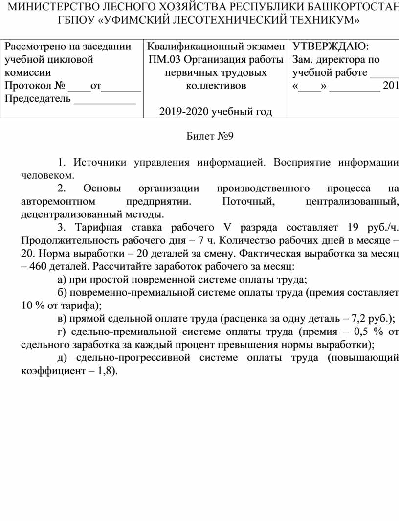 Экзаменационные билеты по ПМ 03.Организация первичных трудовых коллективов