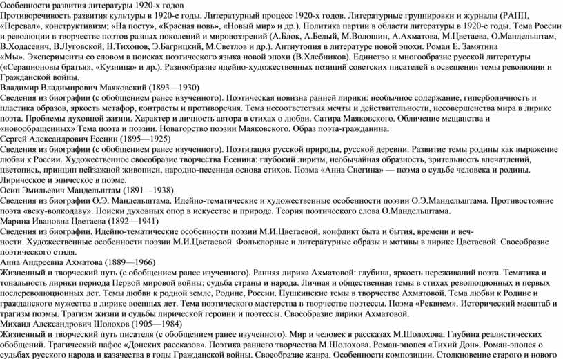 Особенности развития литературы 1920-х годов