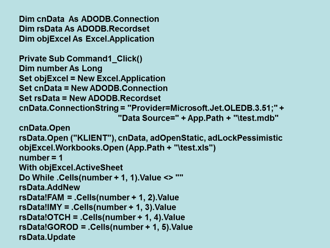 Adodb connection. ADODB.Recordset. Cndata. ADODB.connection.State. Cndata.xlsx.