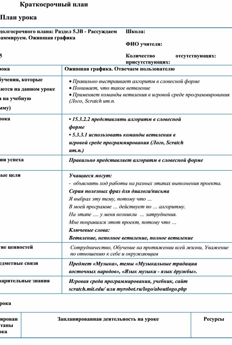 Краткосрочный план урока по литературе