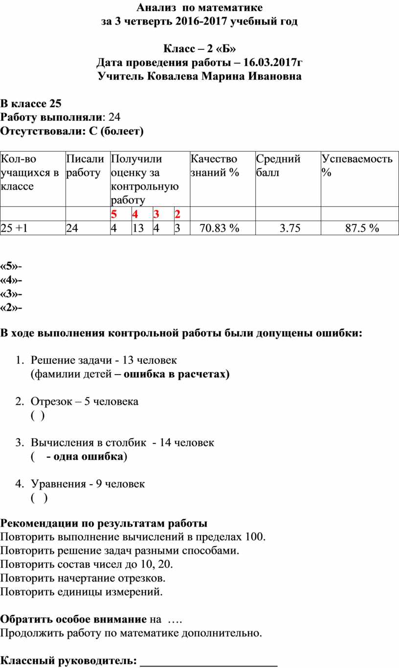 Анализ контрольной работы по математике за 3 четверть 2 класс