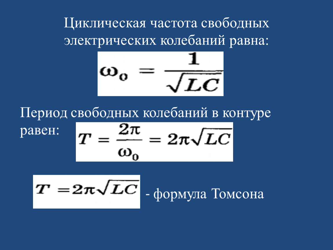 Формула частоты электромагнитных колебаний. Частота свободных колебаний. Циклическая частота разбор формулы. Формула периода циклической частоты. Период колебаний через циклическую частоту.