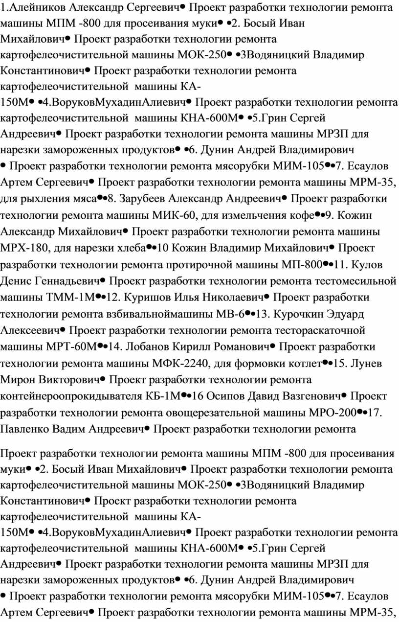 Темы курсовых проектов по МДК 01.03«Организация ремонта оборудования»