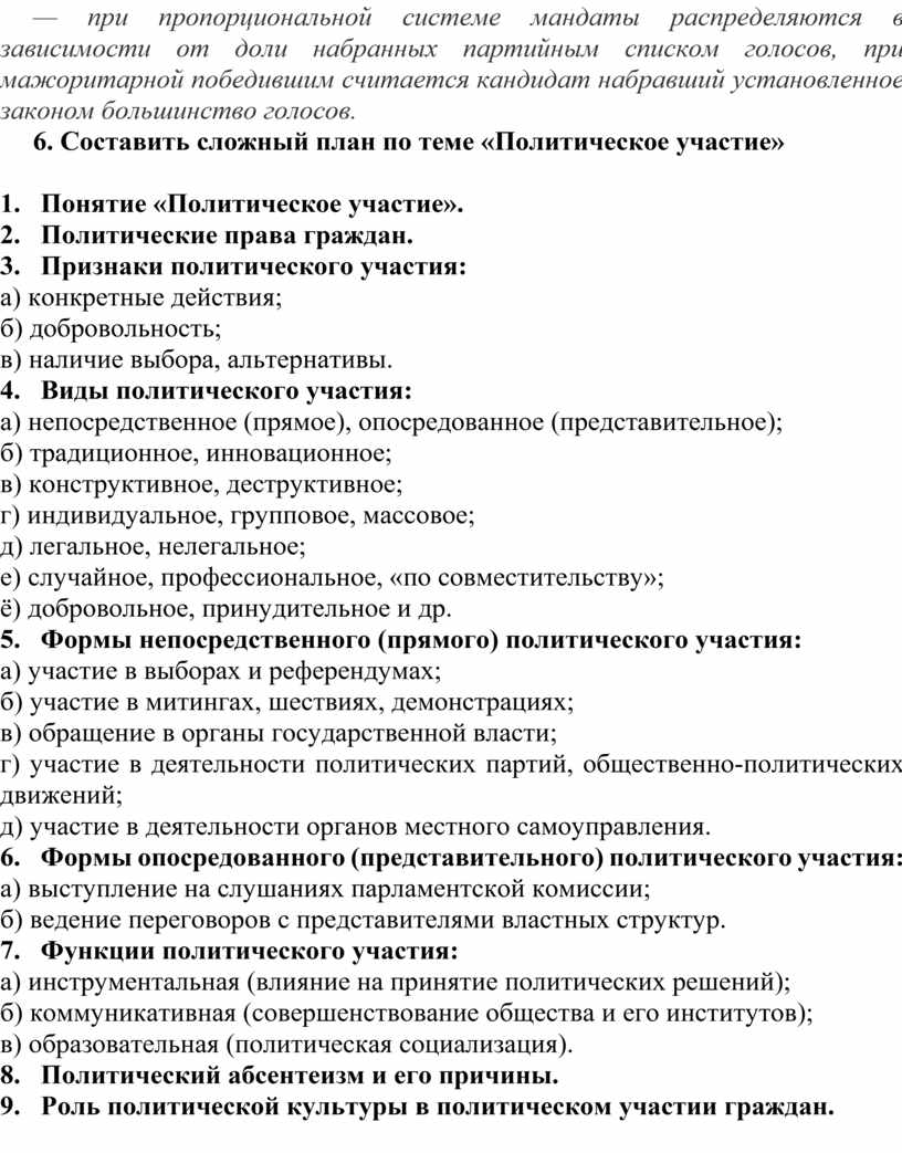 Составьте сложный план по теме участие граждан в политике