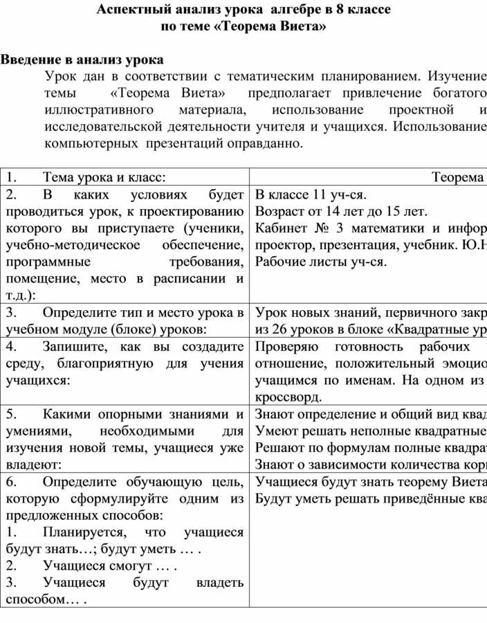 Как делать анализ урока образец