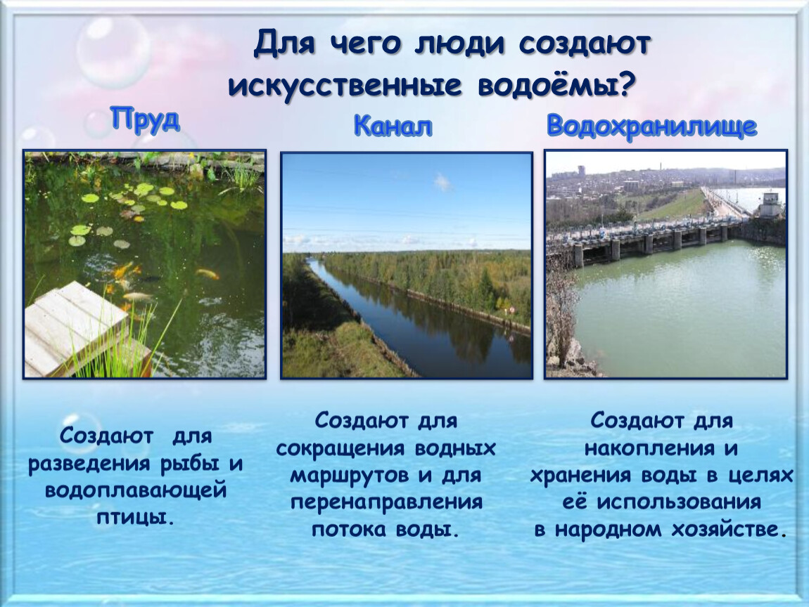 Чем озера отличаются от рек. Водоемы созданные человеком. Искусственные водоемы водохранилище. Искусственные водоёмы созданные человеком. Искусственные водоемы 6 класс.