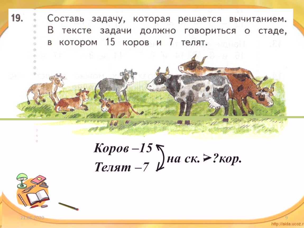 О чем говорится в задаче. Задача про корову. Математические задачи про коров. Придумай задачу которая решается вычитанием. Задачи по математике про коров.