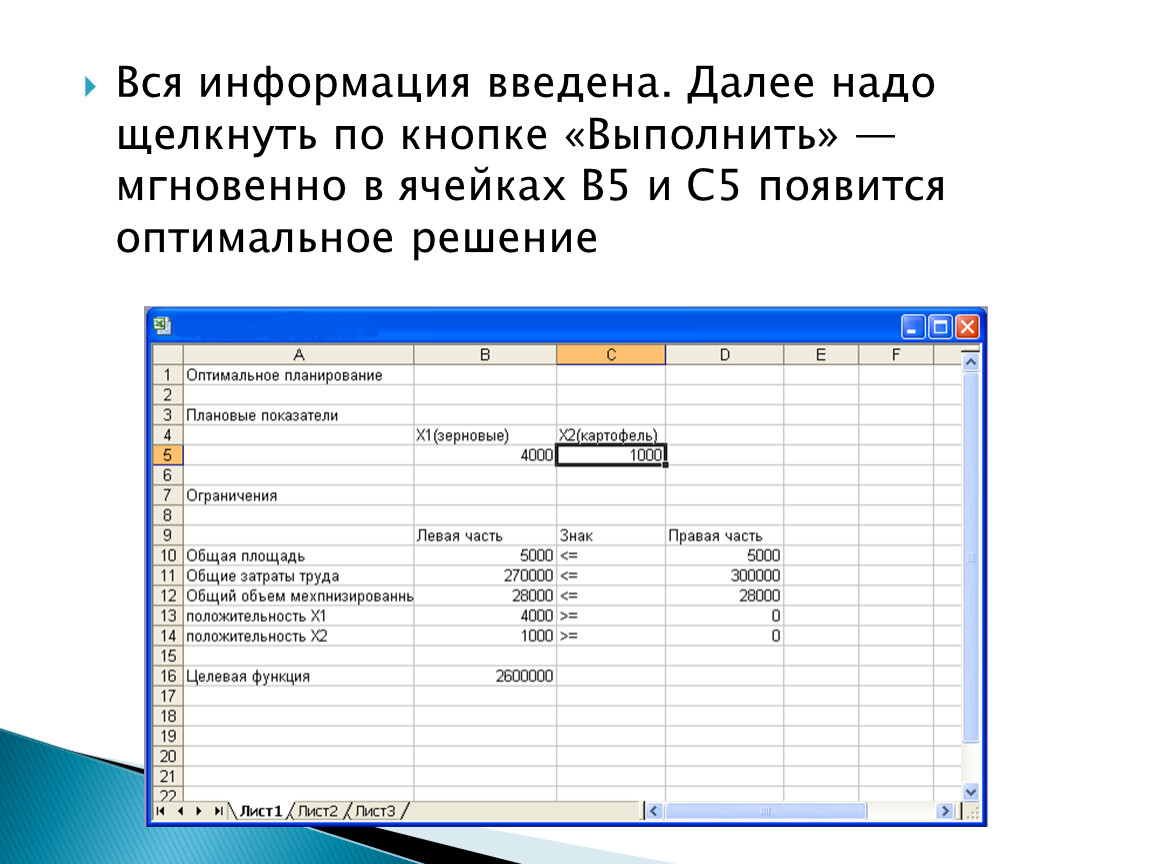 Оптимальный план решение задачи. Решение задачи оптимального планирования в MS excel. Работа 3.6 решение задачи оптимального планирования. Какие основные виды информации вводятся в ячейки excel. Решение задачи оптимального планирования задание 2.