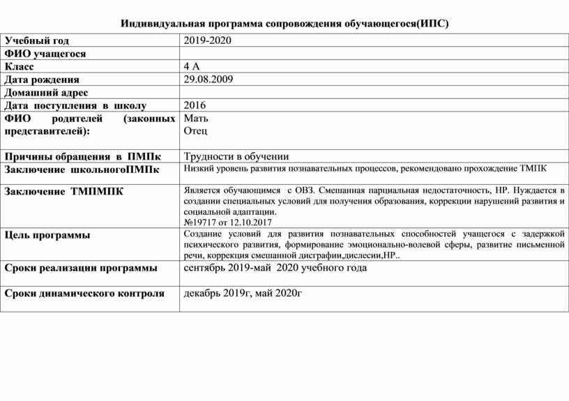 Программа сопровождения. План сопровождения обучающегося. Образец индивидуального плана сопровождения обучающегося.