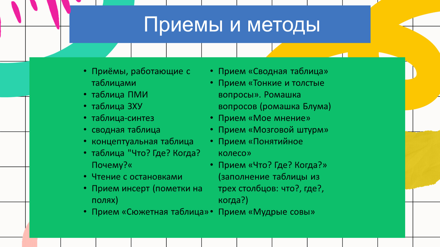 Приемы и методы Приёмы, работающие с таблицами таблица
