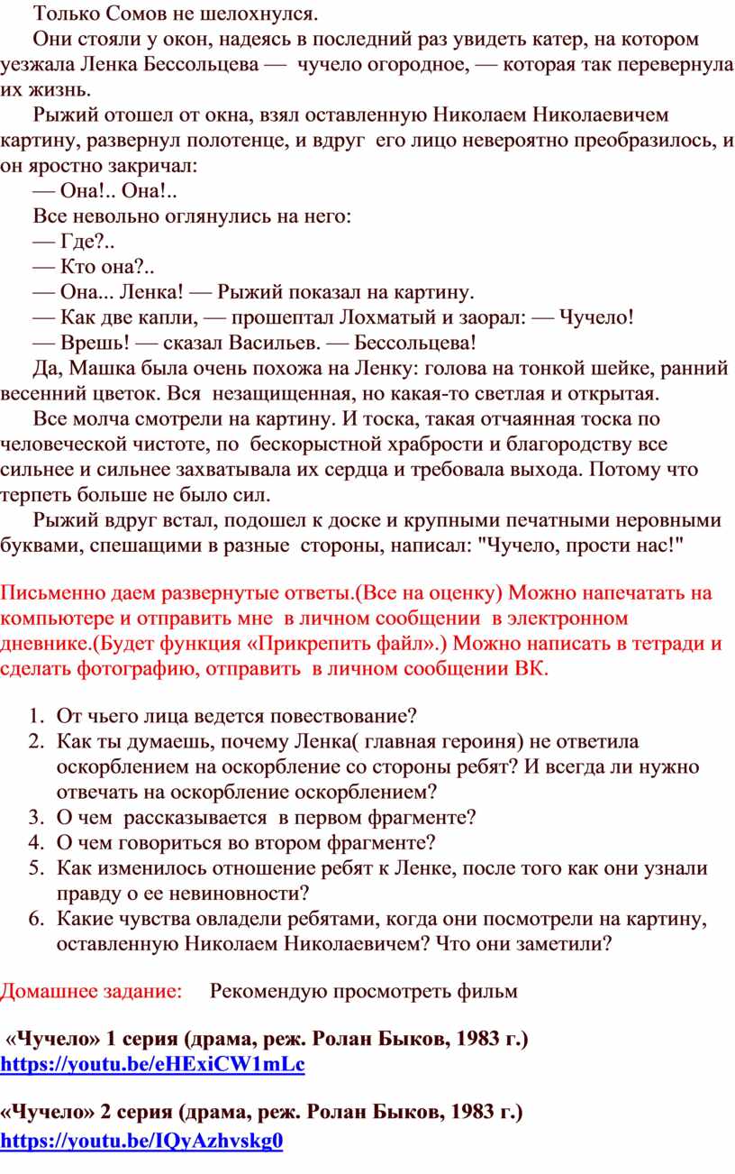 Практическая работа по фрагменту из повести В.Железникова «Чучело».