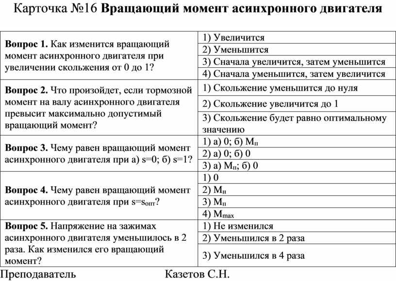 Вращающийся момент асинхронного двигателя