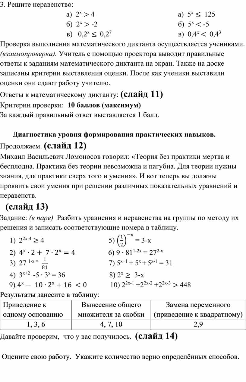 Конспект урока алгебры в 10 классе по теме «Решение показательных уравнений  и неравенств»