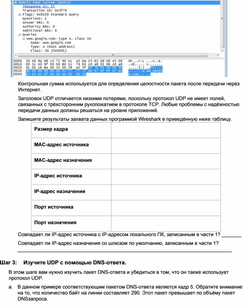 Лабораторная работа изучение захваченных данных DNS UDP с помощью программы  Wireshark