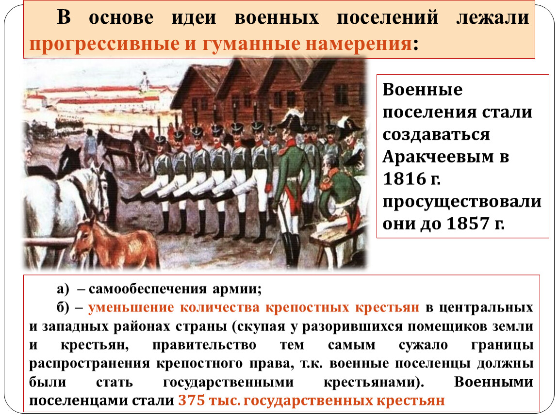 Почему основу поселенцев. Учреждение военных поселений при Александре 1. Военные поселения 1816.